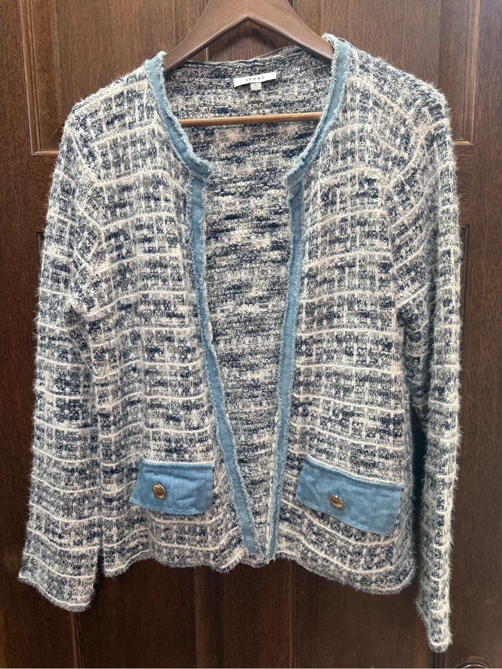Sioni Blue and Cream Textured Knit Cardigan